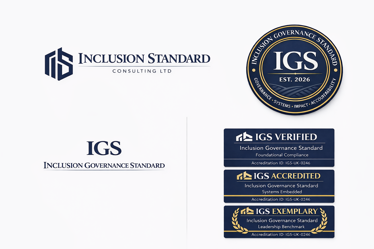 Inclusion Standard Consulting Ltd and Inclusion Governance Standard brand overview — logos, seal, and accreditation badges